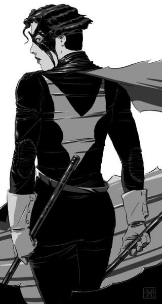 Murci&eacute;laga standing heroically facing away from the viewer, her cape flowing all around. image is black and white.