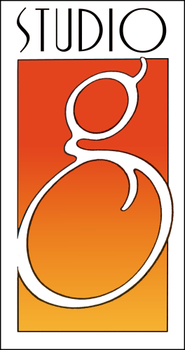 Logo for Studio G; a colored field, fading from red-orange at the top to yellow-orange at the bottom.  Over the face of this color field is a white lower-case letter g across the field.  Above the field and letter g is the word STUDIO all in capital letters in black on a white background
